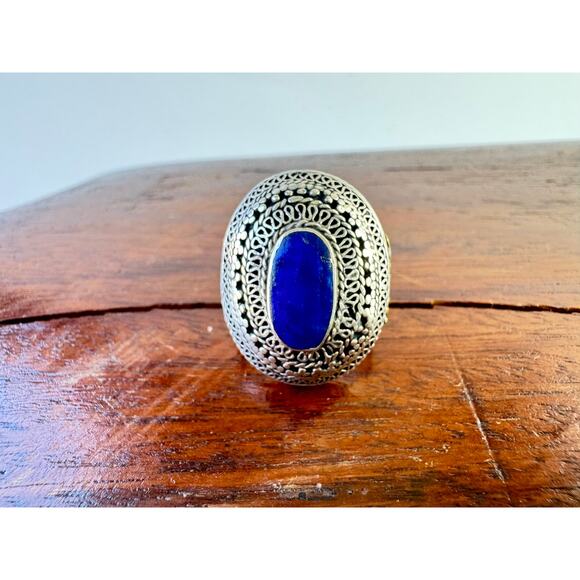 Vintage Afghan Lapis Lazuli Handmade Intricate Silver Uzbek Ring US 7 - 7.25 - Picture 4 of 7